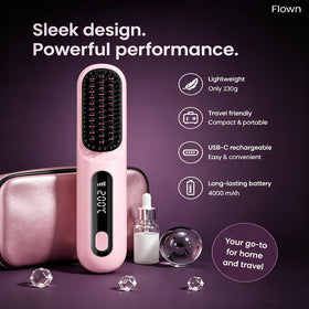 Flown Go Brush Pro styling short hair in a mirror showing fast frizz-taming benefit