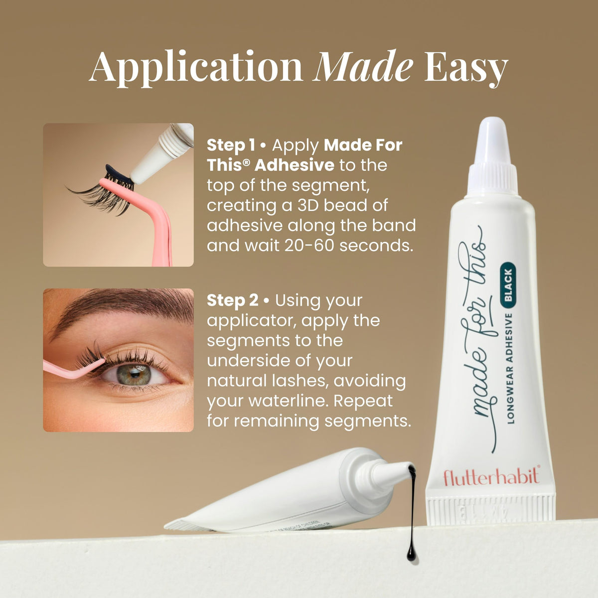 FlutterHabit adhesive in-use under-lash application showing seamless, long-lasting hold