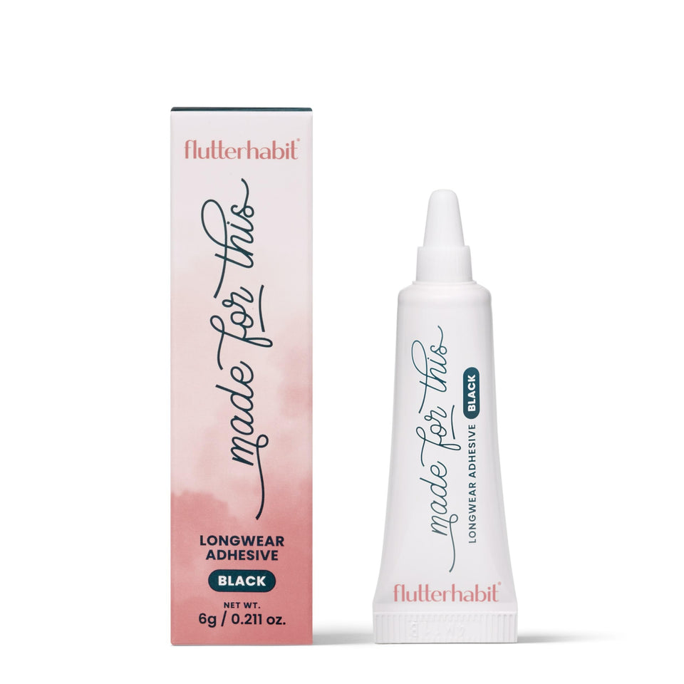 FlutterHabit adhesive front packaging showing product and bold black finish benefits