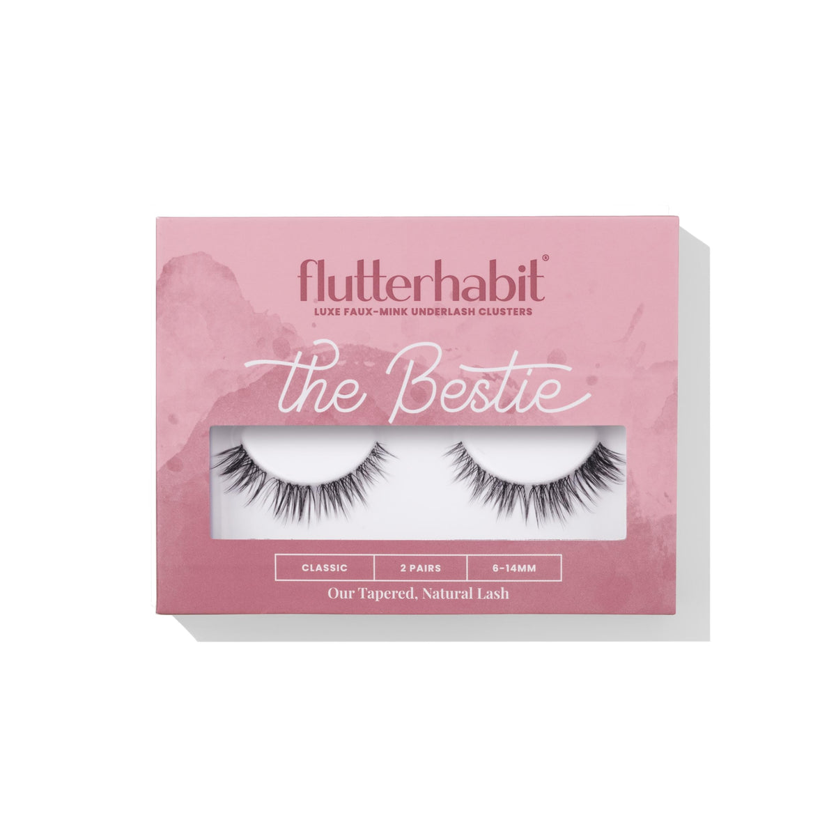 FlutterHabit front packaging showing two underlash pairs, easy everyday lift