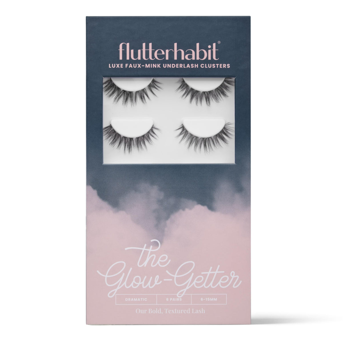 FlutterHabit front packaging showing six lash cluster sets and brand logo for professional look