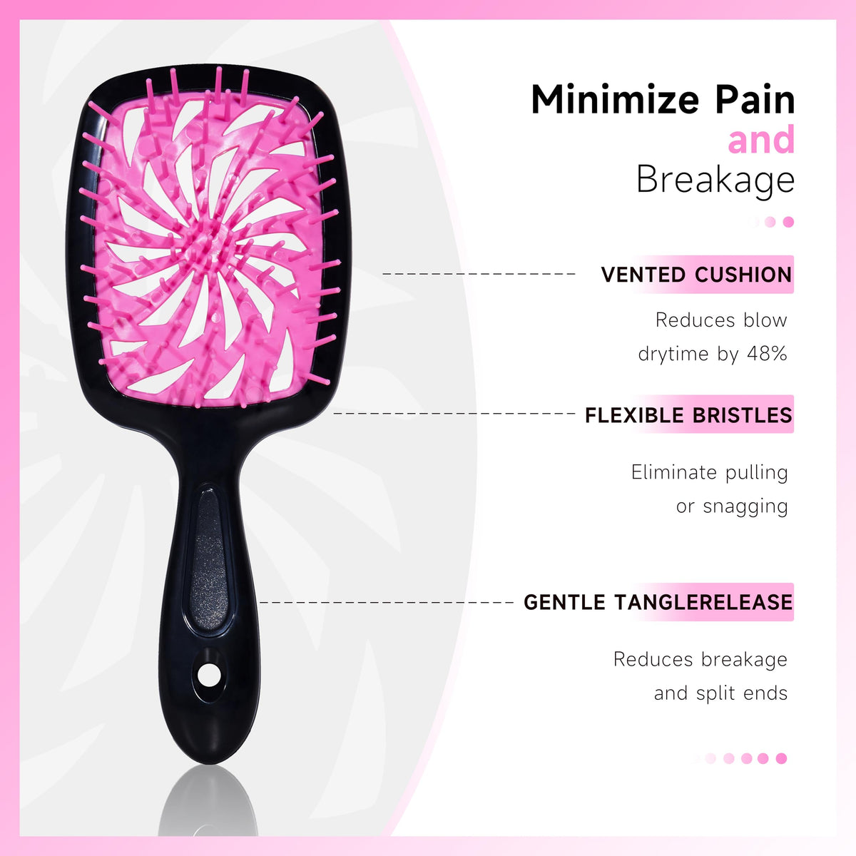 FlyLanyards detangling brush close-up showing vented back and matte grip for gentler brushing