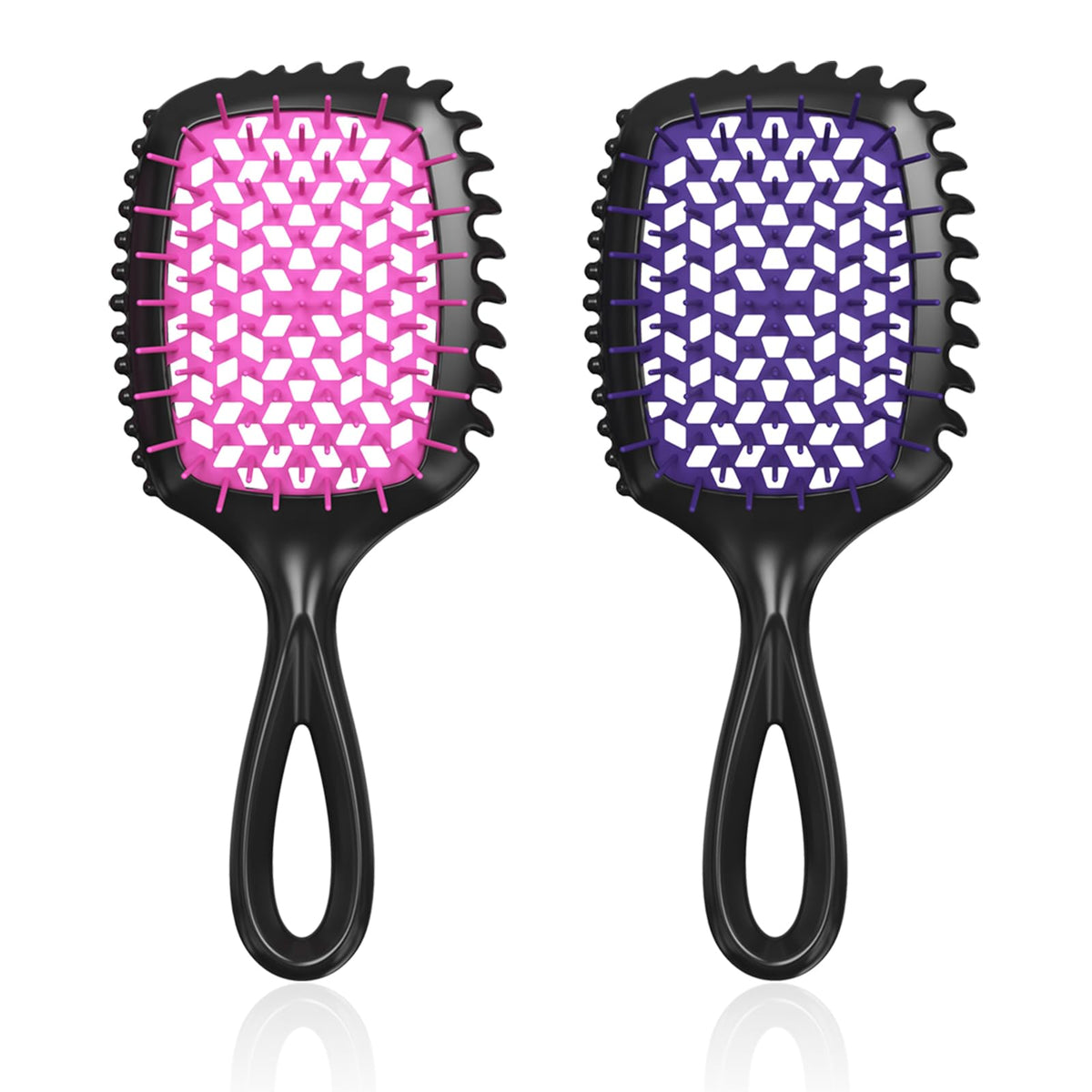 FlyLanyards detangler brush pair front view showing pink and purple colors and easy grip