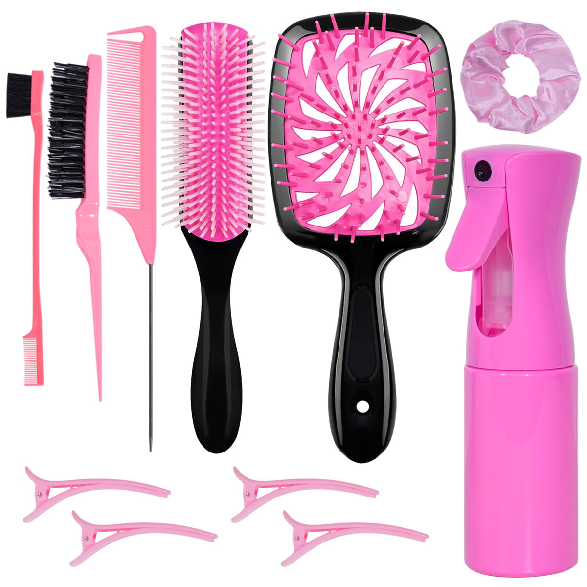 FlyLanyards front view of full 11-piece pink styling kit, ready to use