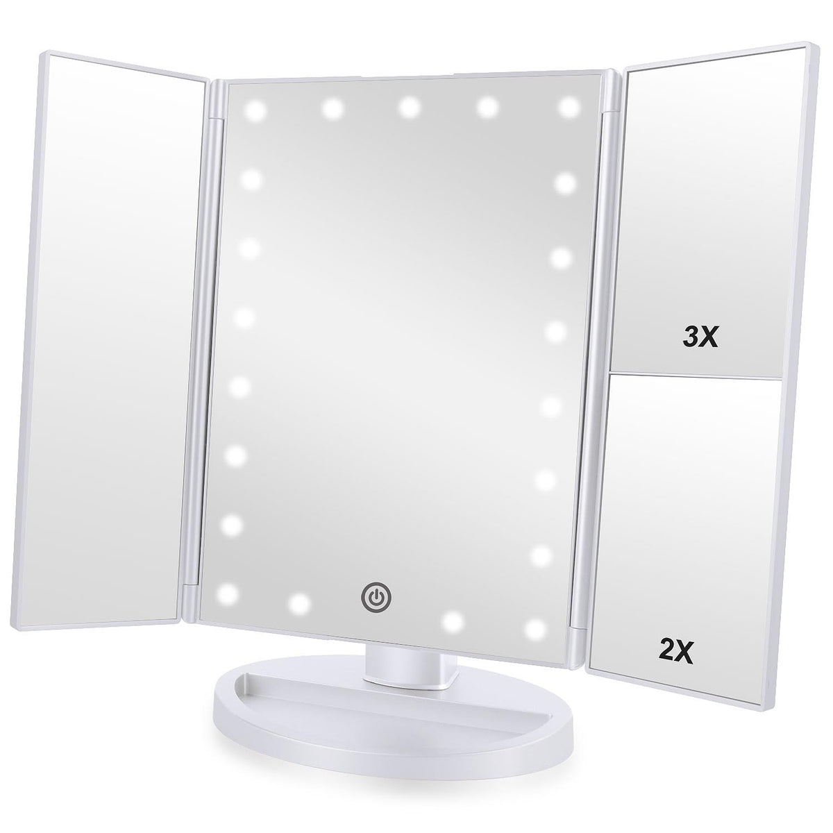 Flymiro front open vanity mirror showing tri-fold panels and clear reflection benefit