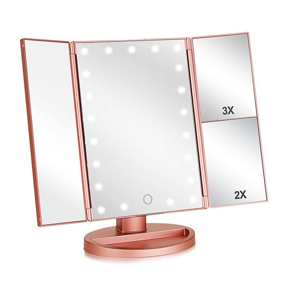 Flymiro front view showing tri-fold mirror and sleek finish for precise makeup