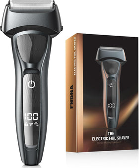 Fndna razor front view showing foil heads and ergonomic grip for comfortable shaving