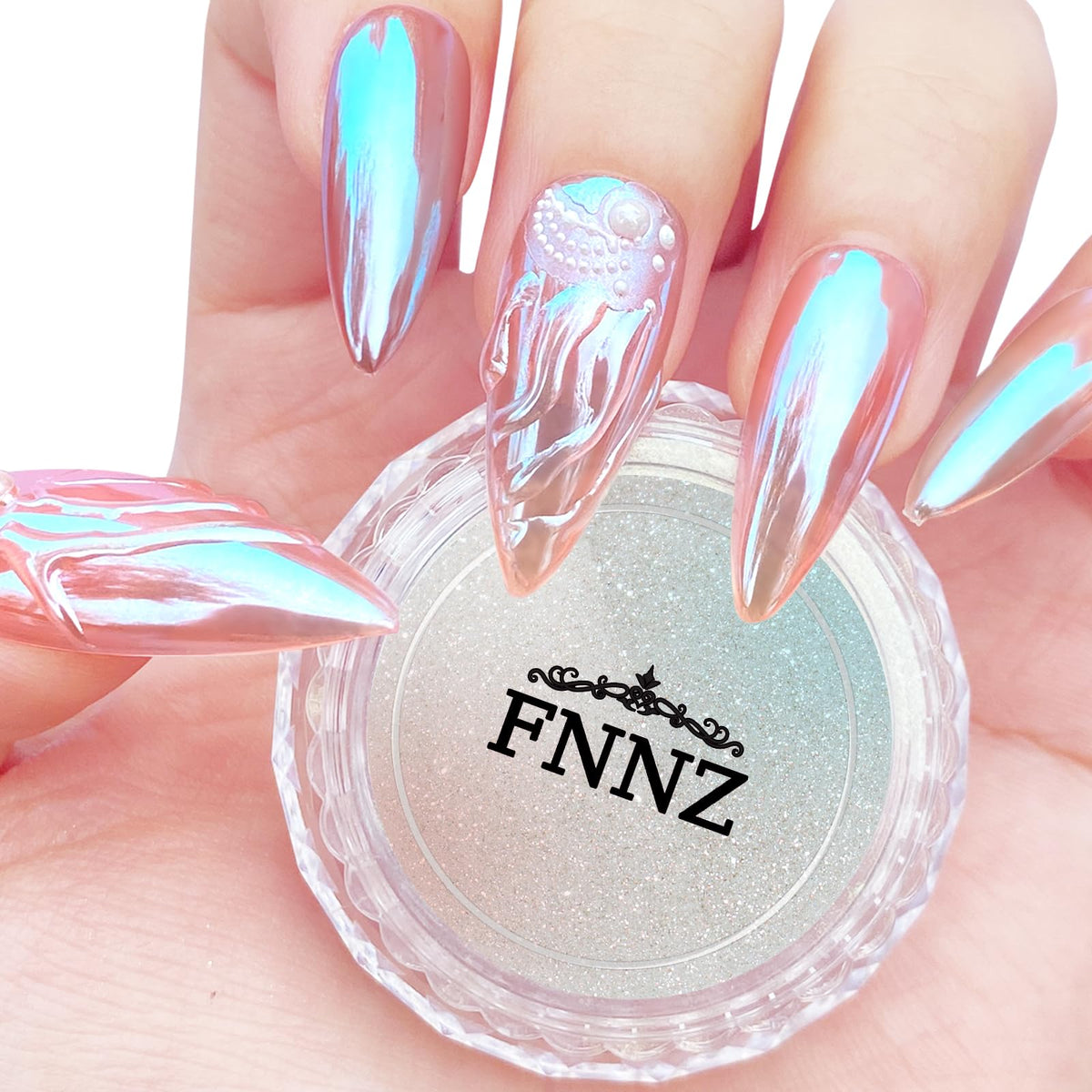 FNNZ jar front view showing Glacier Ocean label and product benefit of vibrant aurora shine