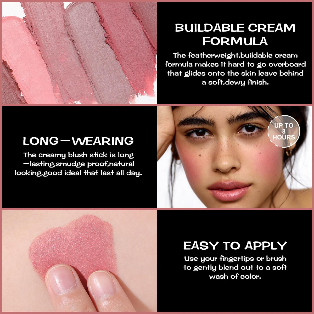 FOCALLURE model applying stick to cheek for quick natural-looking flush