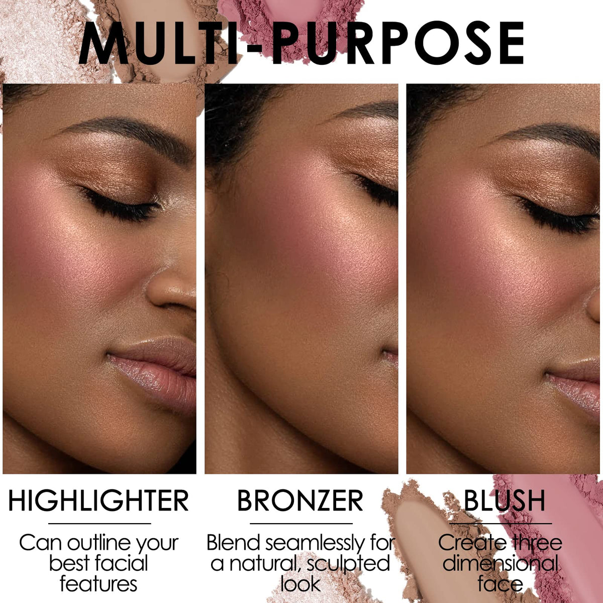 FOCALLURE swatches on arm showing bronzer blush highlighter payoff and buildability
