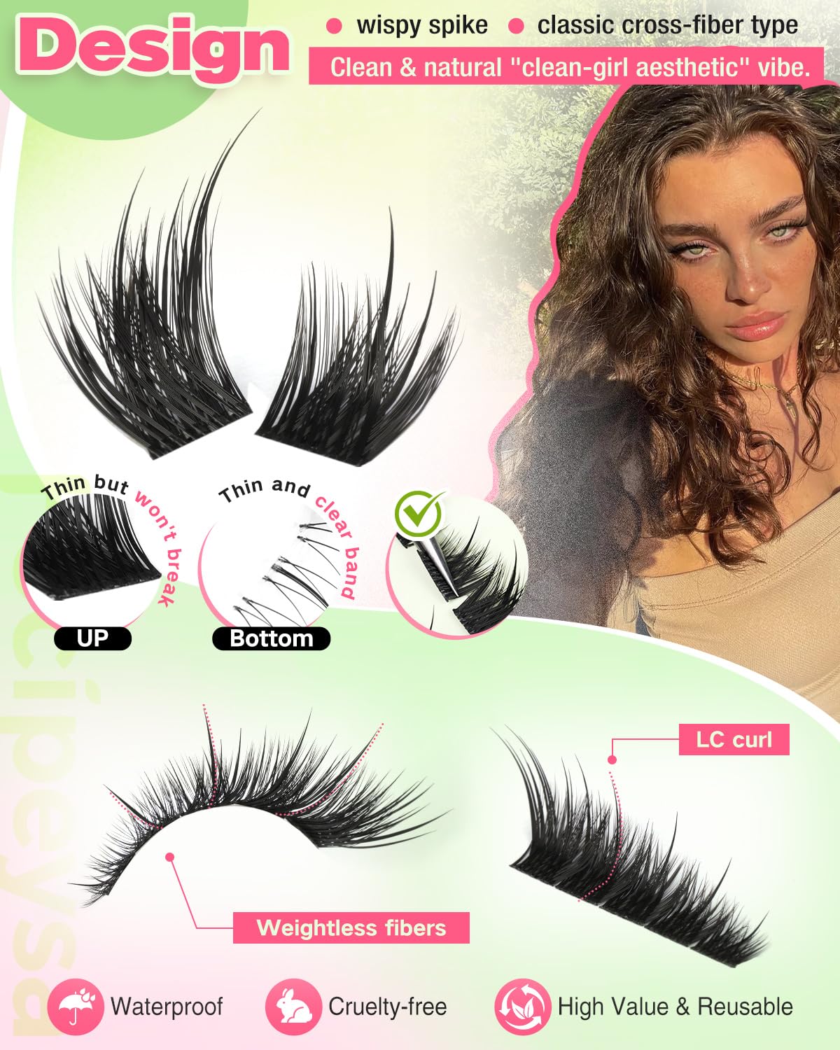 Focipeysa clusters applied on model side profile showing lifted fox eye effect