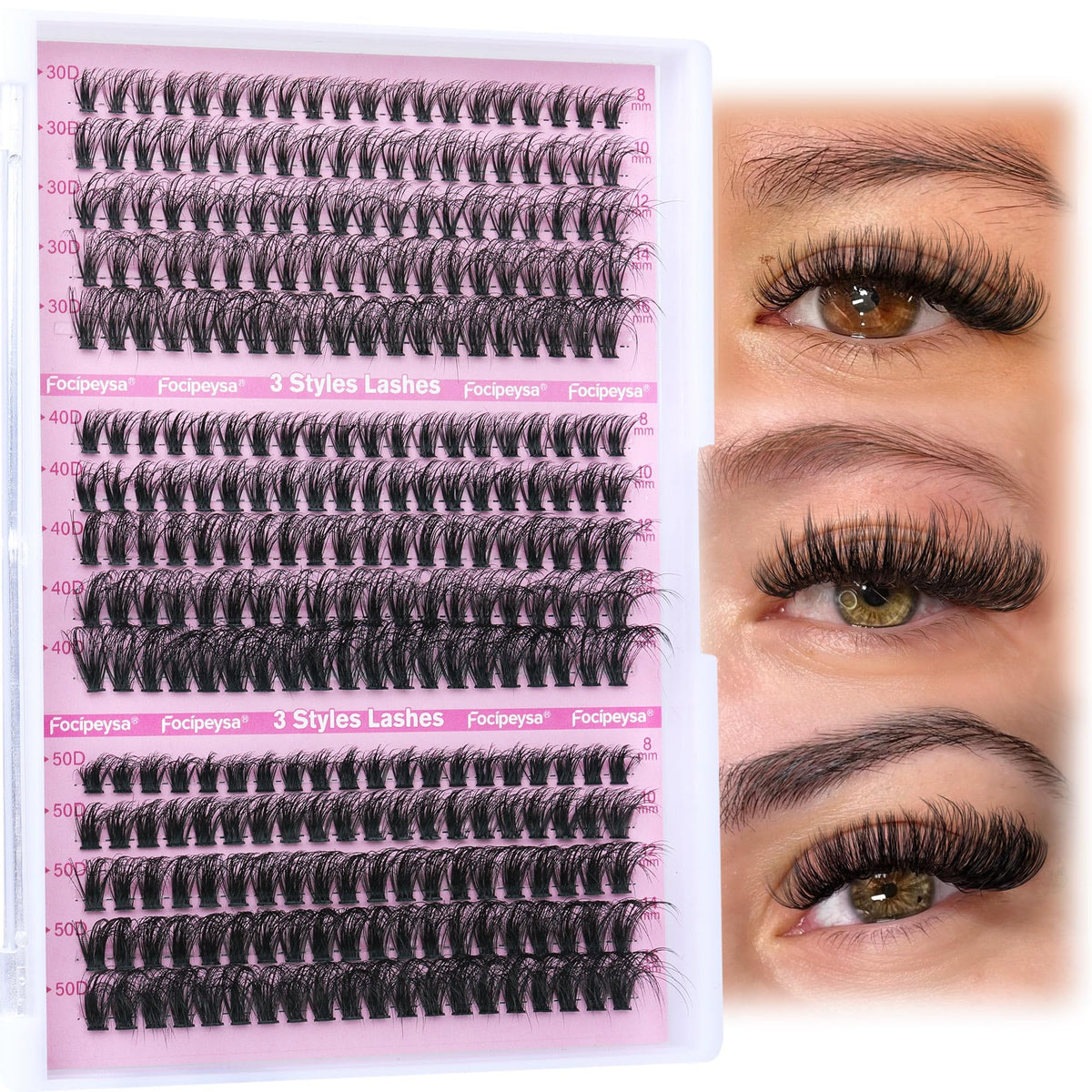 Focipeysa front packaging showing 300-piece lash cluster kit and contents