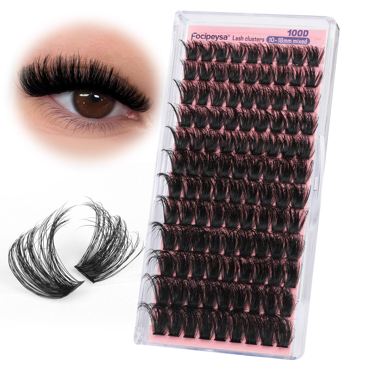 Focipeysa front packaging showing 120pcs cluster lashes and length options for easy selection
