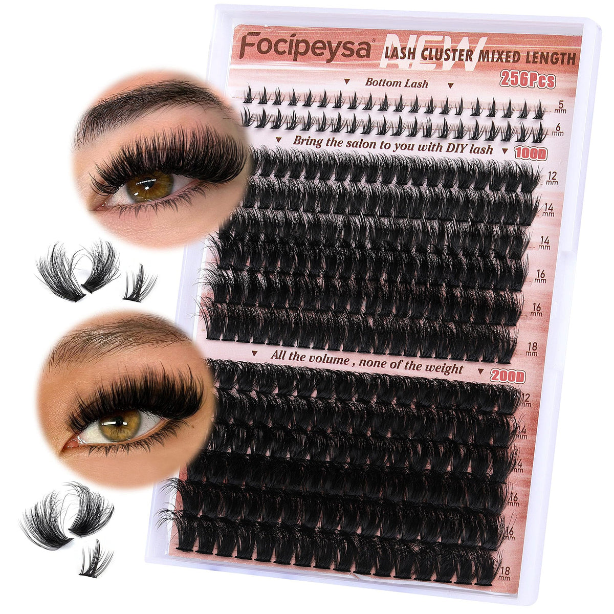 Focipeysa front packaging showing 256pc lash clusters and mixed lengths for versatile styling