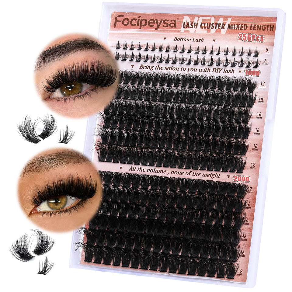 Focipeysa front packaging showing 256pc lash clusters and mixed lengths for versatile styling