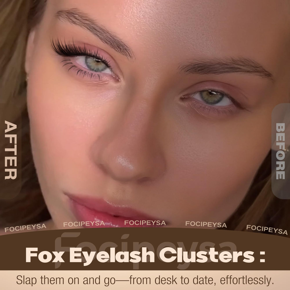 Focipeysa close-up on eye demonstrating fox-eye lift and texture