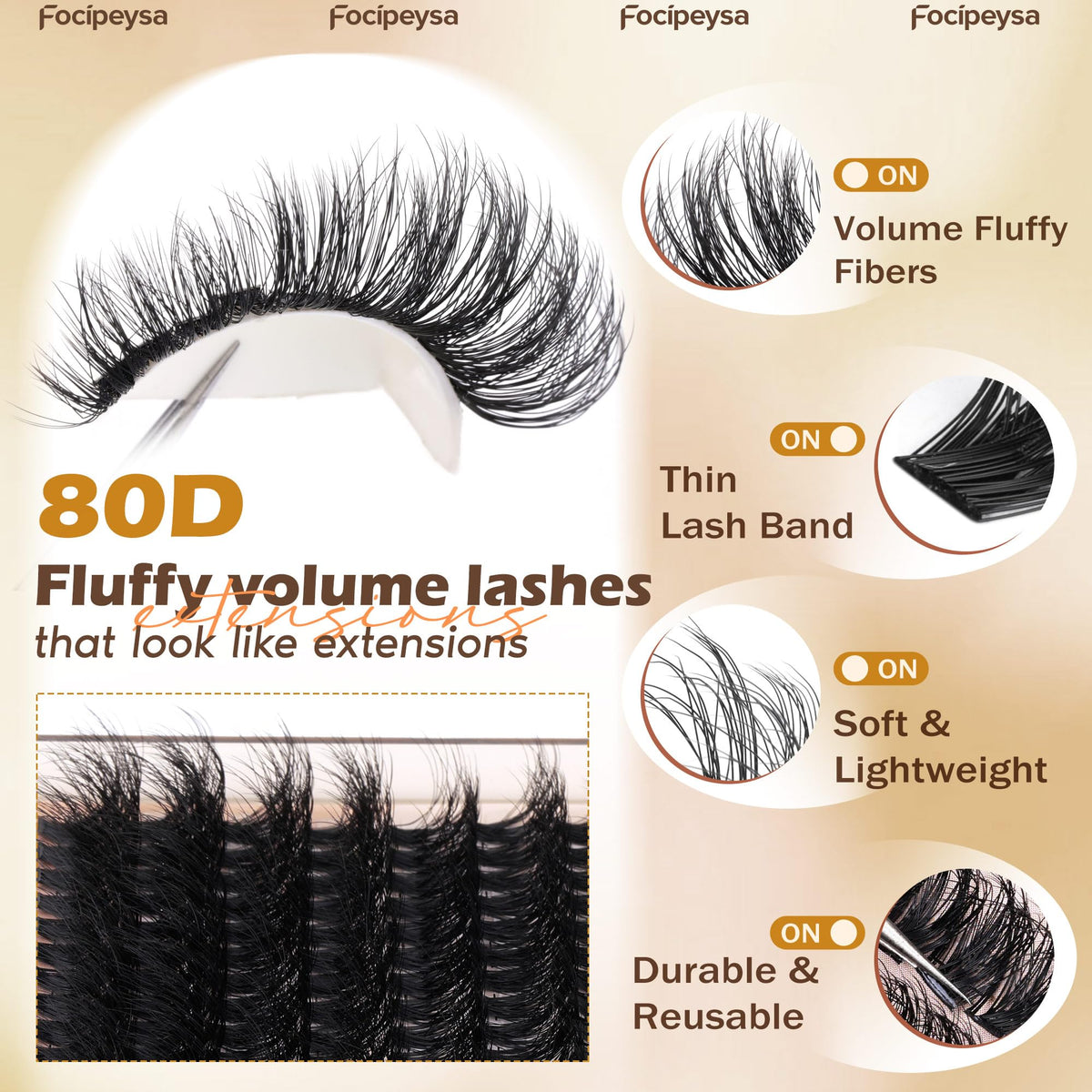 Focipeysa display of 10–18mm mixed clusters illustrating length options