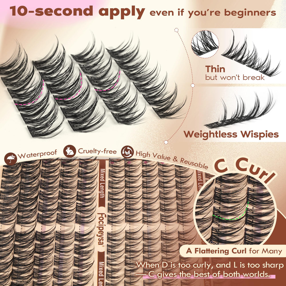 Focipeysa grouped 10 12 14 16mm lashes showing customizable lengths