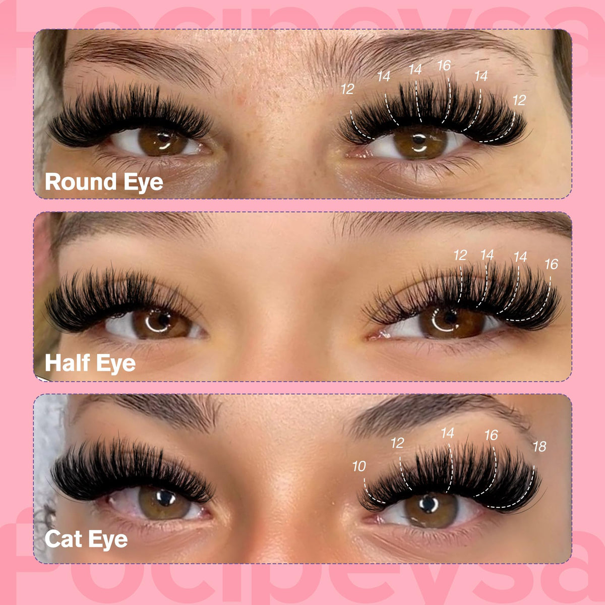Focipeysa five lengths lined up (10–18mm) for customizable volume and styling options