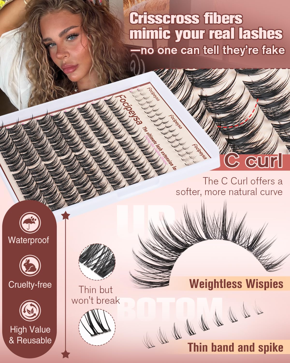 Focipeysa side profile of worn lashes showing natural lift benefit