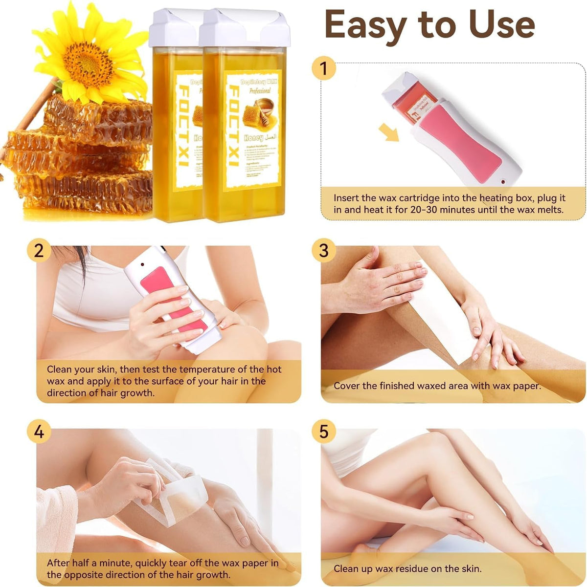 FOCTXI applying honey wax on leg showing even coverage and effective hair grip