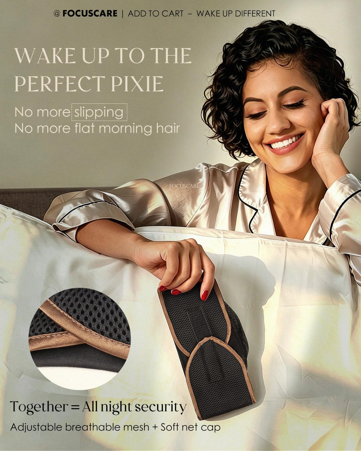 FocusCare shown on a model with a pixie cut demonstrating held-in place comfort
