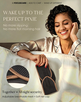 FocusCare shown on a model with a pixie cut demonstrating held-in place comfort