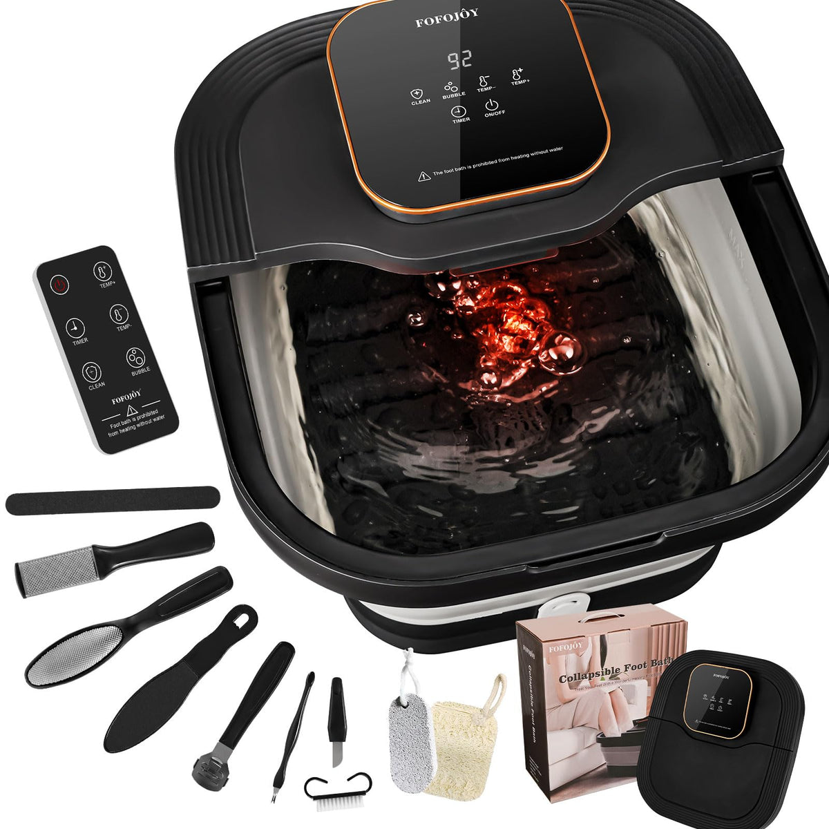FOFOJÔY front view showing foldable heated foot spa benefits ease