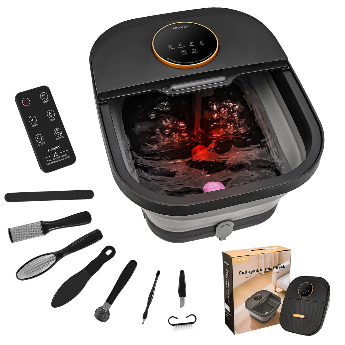 FOFOJÔY front view showing remote control and roomy tub, easy operation benefit