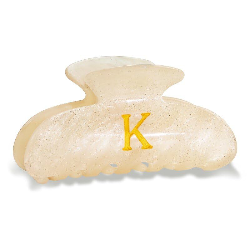 Fohufo front view of Letter K gold glitter clip showing monogram detail and style benefit