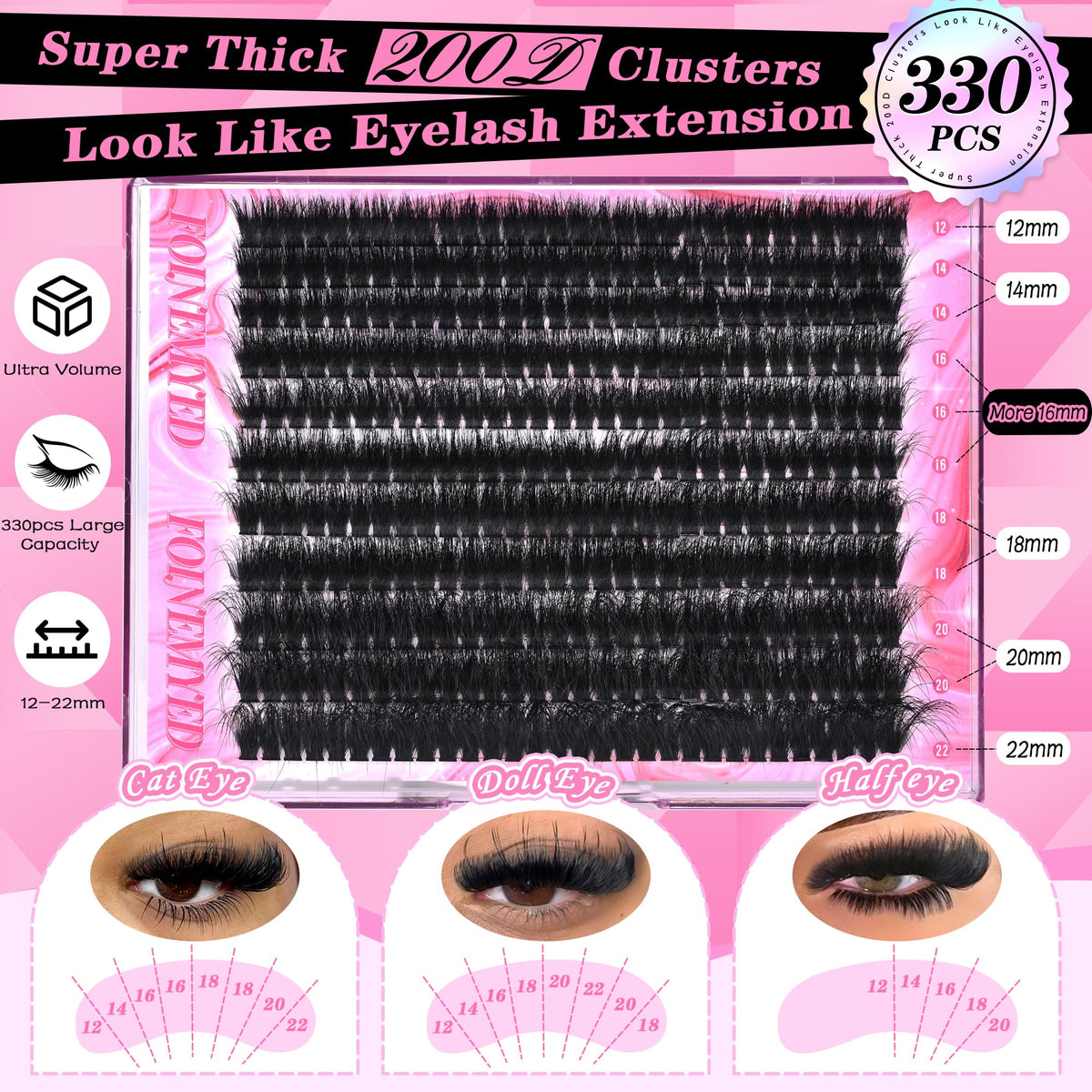 FOINEMYED open tray displaying 11 rows of dense lash clusters for convenience