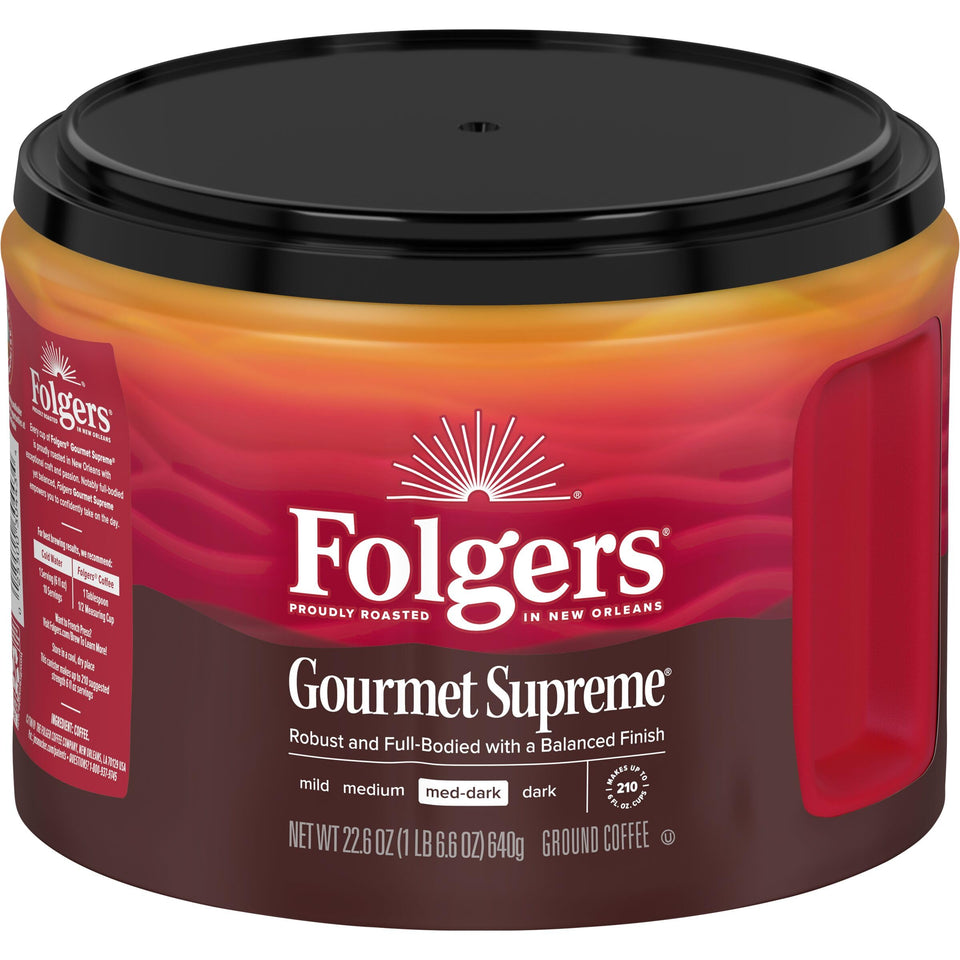 Folgers Gourmet Supreme front canister showing brand and aroma seal, preserving freshness