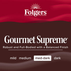 Folgers Gourmet Supreme ground coffee texture close-up showing rich, consistent grounds