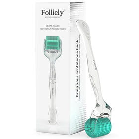Follicly derma roller front view showing ergonomic shape and secure grip benefit