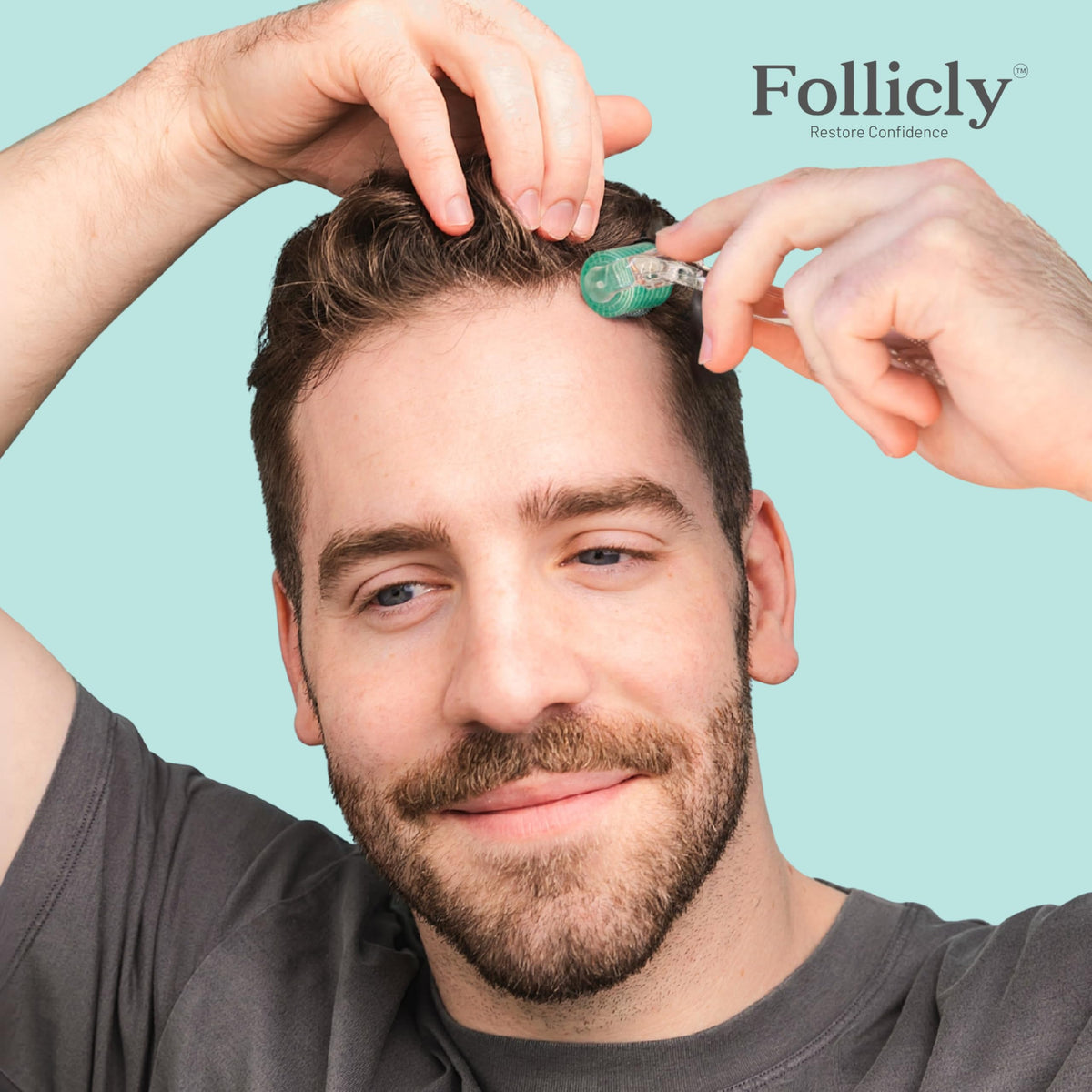 Follicly roller stored in protective case keeping needles safe for travel and hygiene