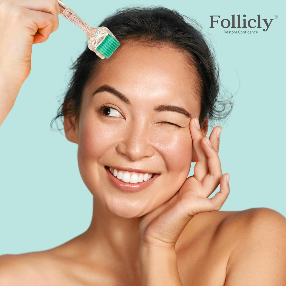 Follicly roller used on scalp demonstrating comfortable application and coverage