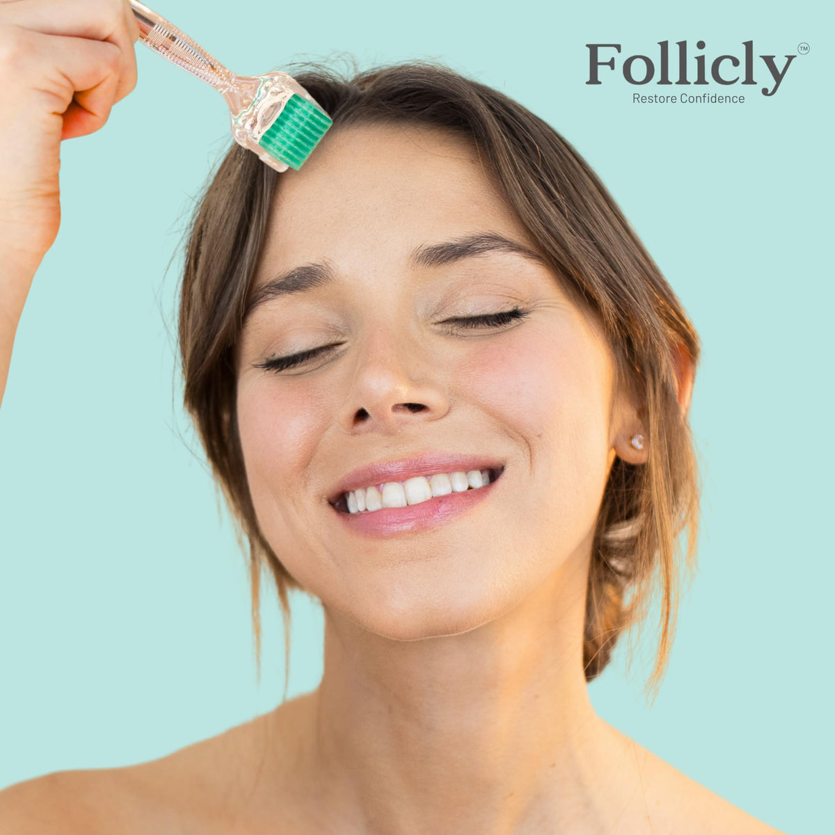 Follicly roller on bathroom counter with serums showing convenient daily routine