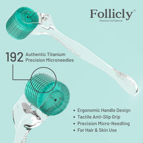 Follicly roller beside ruler to show compact size for easy travel and storage
