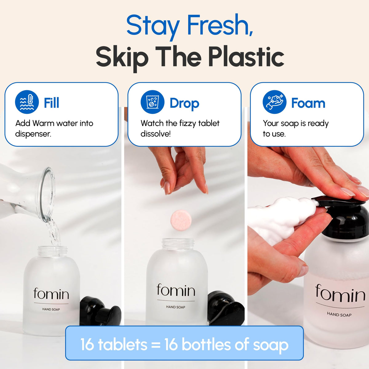 FOMIN tablet dissolving in a bottle to make foaming soap quickly