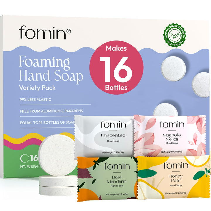 FOMIN front pack showing 16 tablets and eco benefits