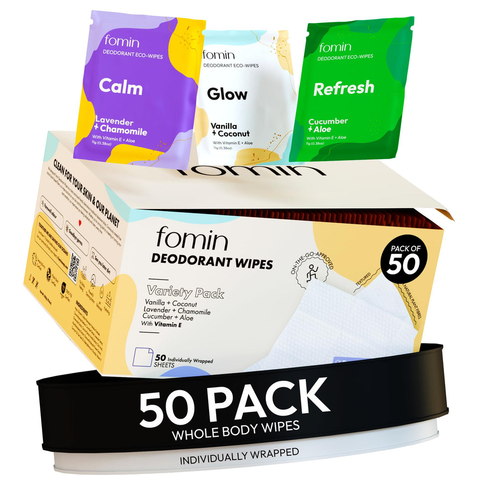 FOMIN front packaging showing 50-count variety pack and eco credentials for convenience