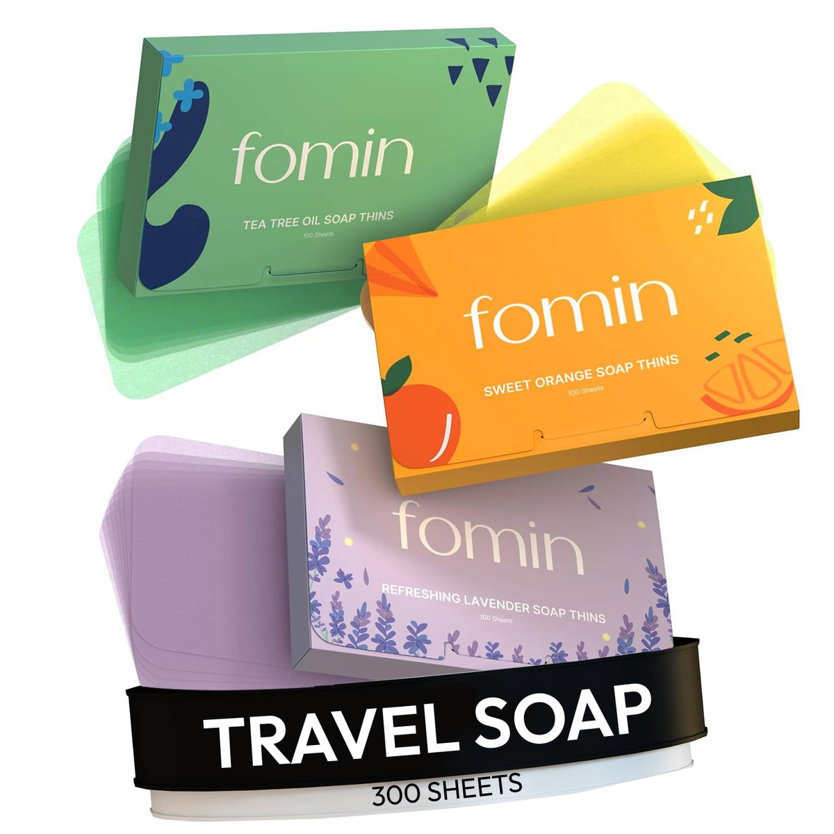 FOMIN front packaging showing compact 300-sheet travel soap pack and clear branding
