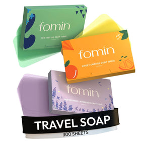FOMIN front packaging showing compact 300-sheet travel soap pack and clear branding