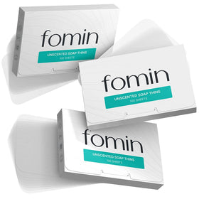 FOMIN front packaging showing compact 300-sheet travel soap benefit portability