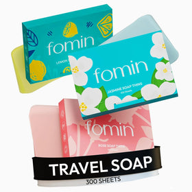 FOMIN front packet showing compact travel soap and scents for convenience