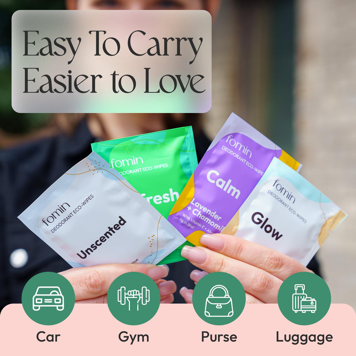FOMIN individually wrapped sachet held in hand, easy single-use