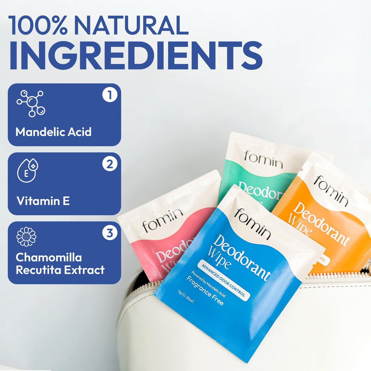 FOMIN sachet material detail highlighting compostable packaging and plastic-free design