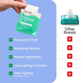 FOMIN single sachet opened with mini deodorant wipe visible, ready for instant freshening