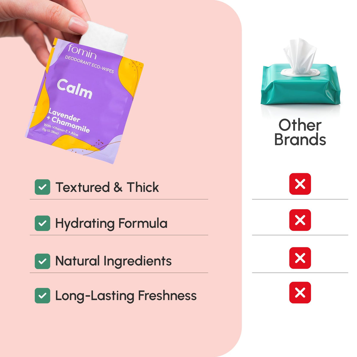 FOMIN close-up wipe texture with visible moisture, gentle cleansing