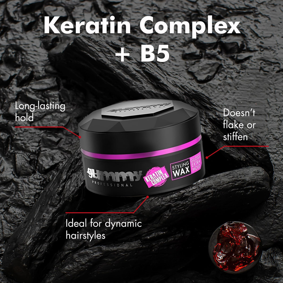 fonex gummy close label highlighting keratin complex and provitamin B5 benefits